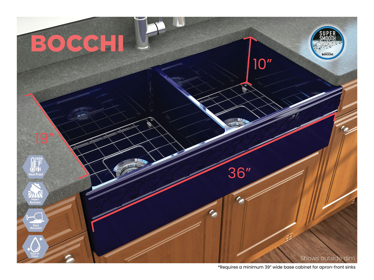 Vigneto Apron Front Fireclay 36" Double Bowl Kitchen Sink in Sapphire Blue
