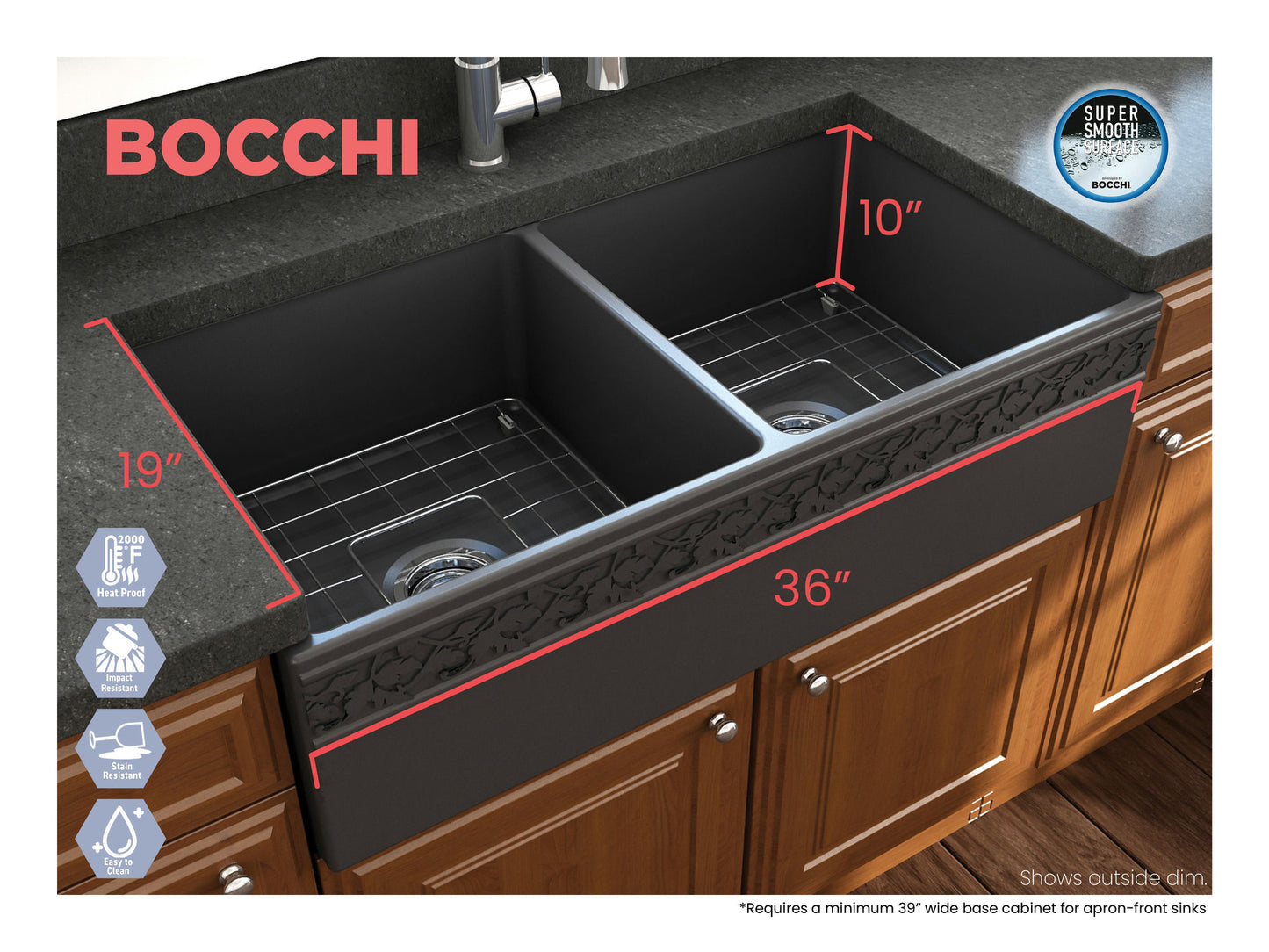 Vigneto Apron Front Fireclay 36" Double Bowl Kitchen Sink in Matte Dark Gray