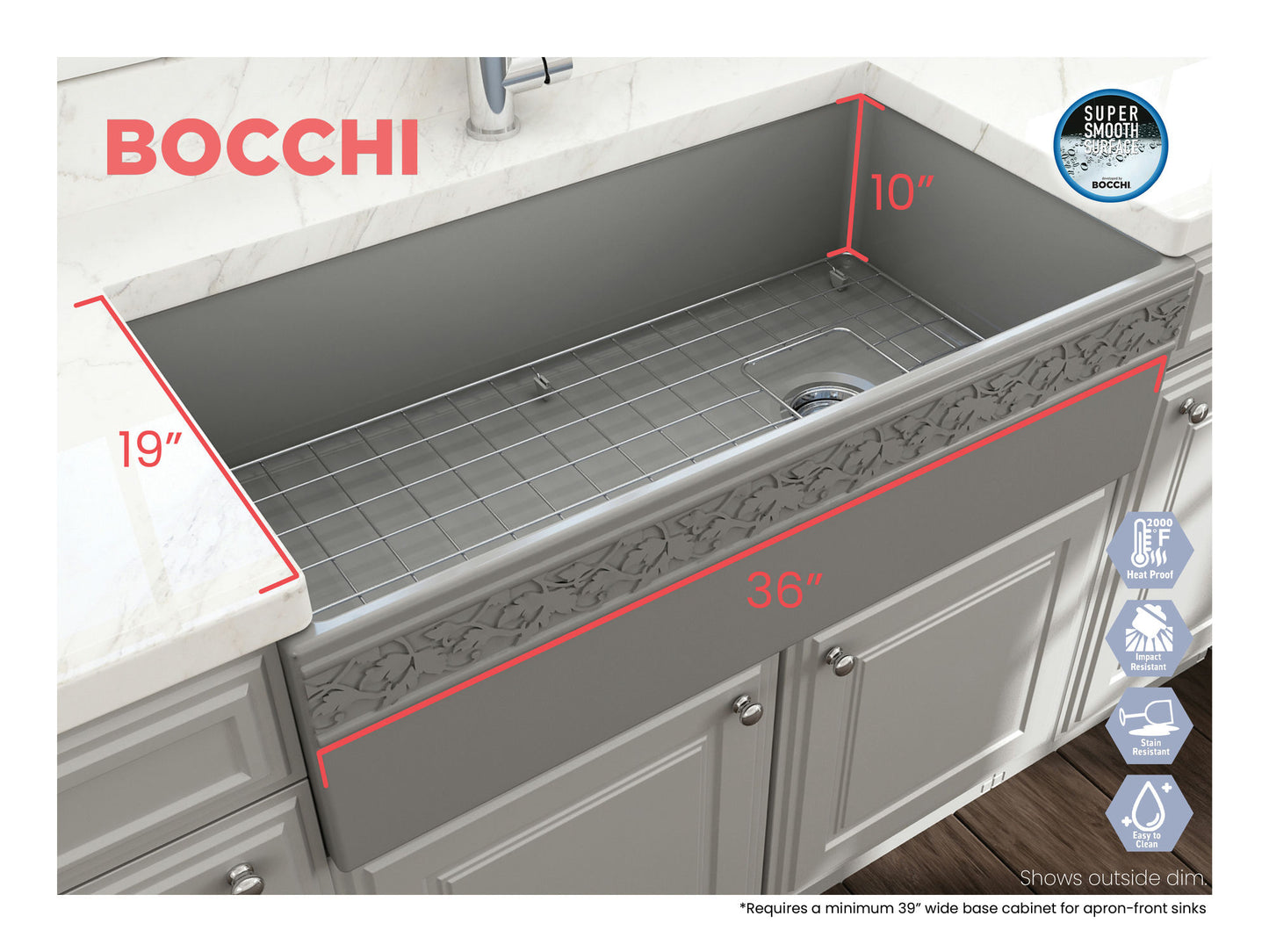 Vigneto Apron Front Fireclay 36" Single Bowl Kitchen Sink in Matte Gray