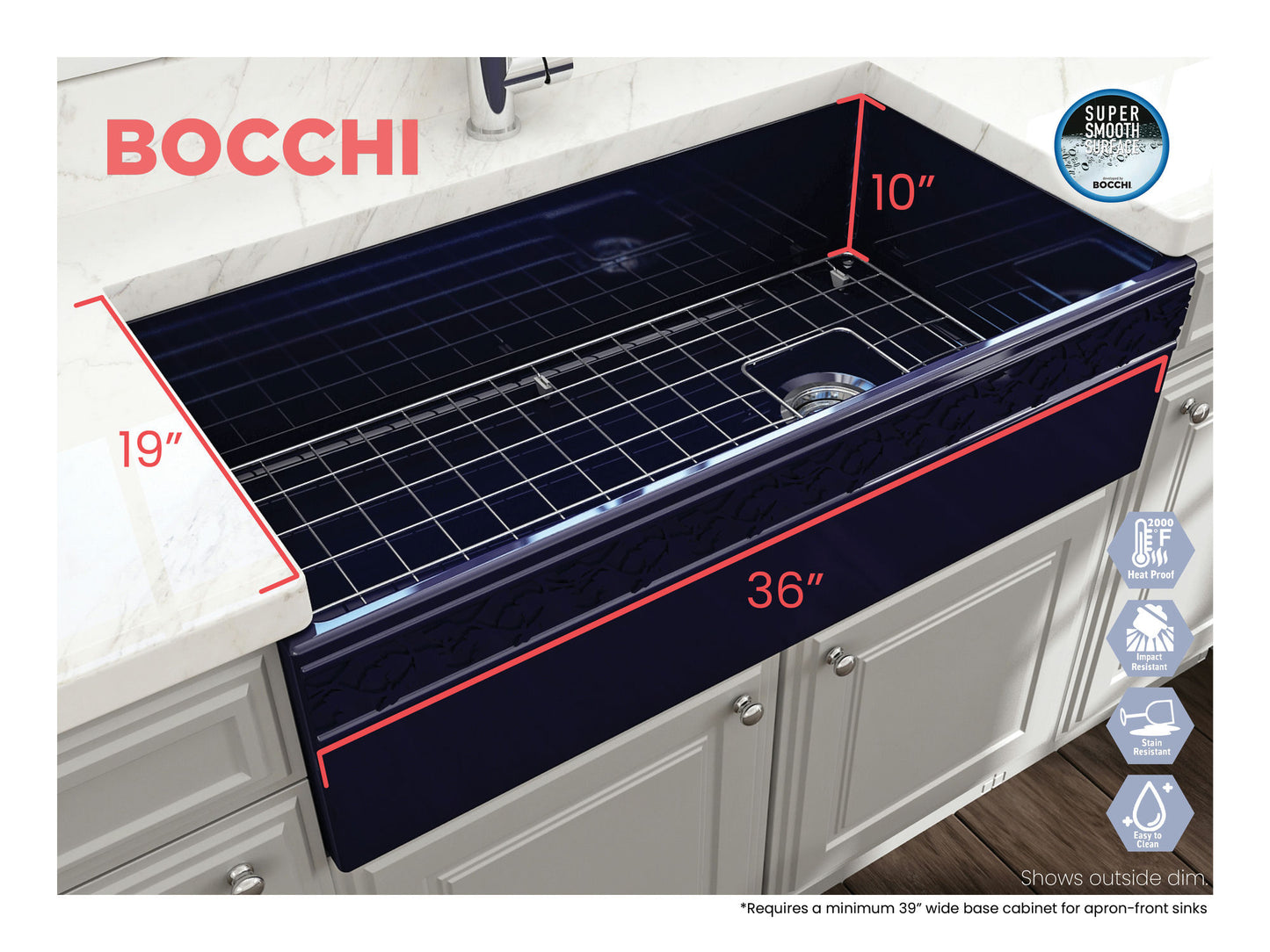 Vigneto Apron Front Fireclay 36" Single Bowl Kitchen Sink in Sapphire Blue