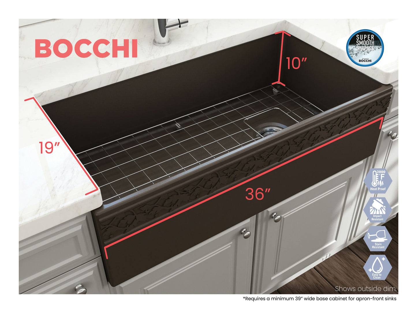 Vigneto Apron Front Fireclay 36" Single Bowl Kitchen Sink in Matte Brown