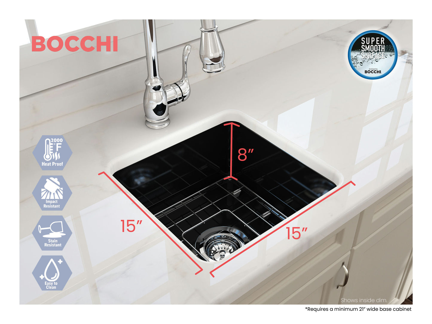 Sotto Dual-mount Fireclay 18" Single Bowl Bar Sink with Grid, Strainer in Black