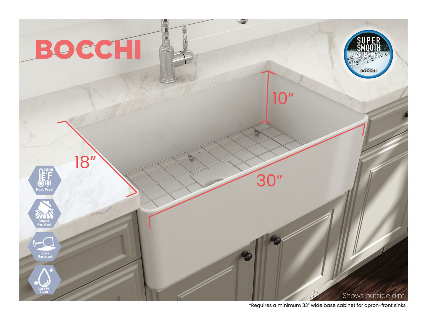 Aderci Ultra-Slim Farmhouse Apron Front Fireclay 30" Kitchen Sink in White