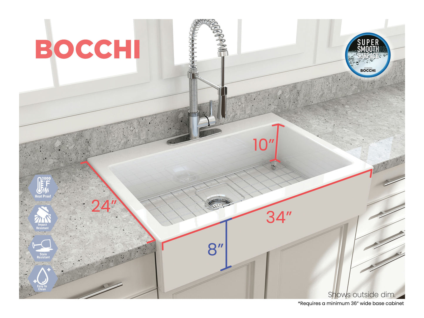 Nuova Apron Front Drop-In Fireclay 34" Single Bowl Kitchen Sink in White
