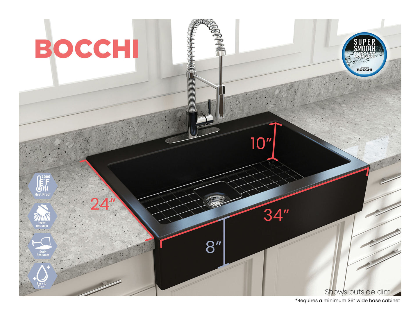 Nuova Apron Front Drop-In Fireclay 34" Single Bowl Kitchen Sink in Matte Black