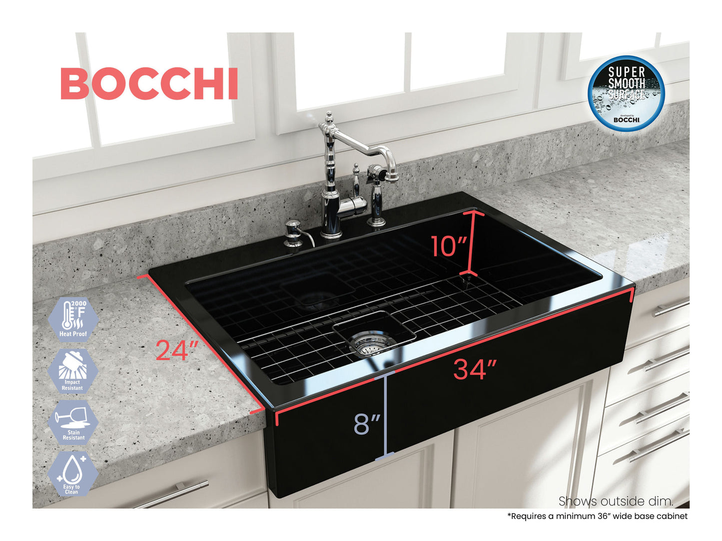 Nuova Apron Front Drop-In Fireclay 34" Single Bowl Kitchen Sink in Black