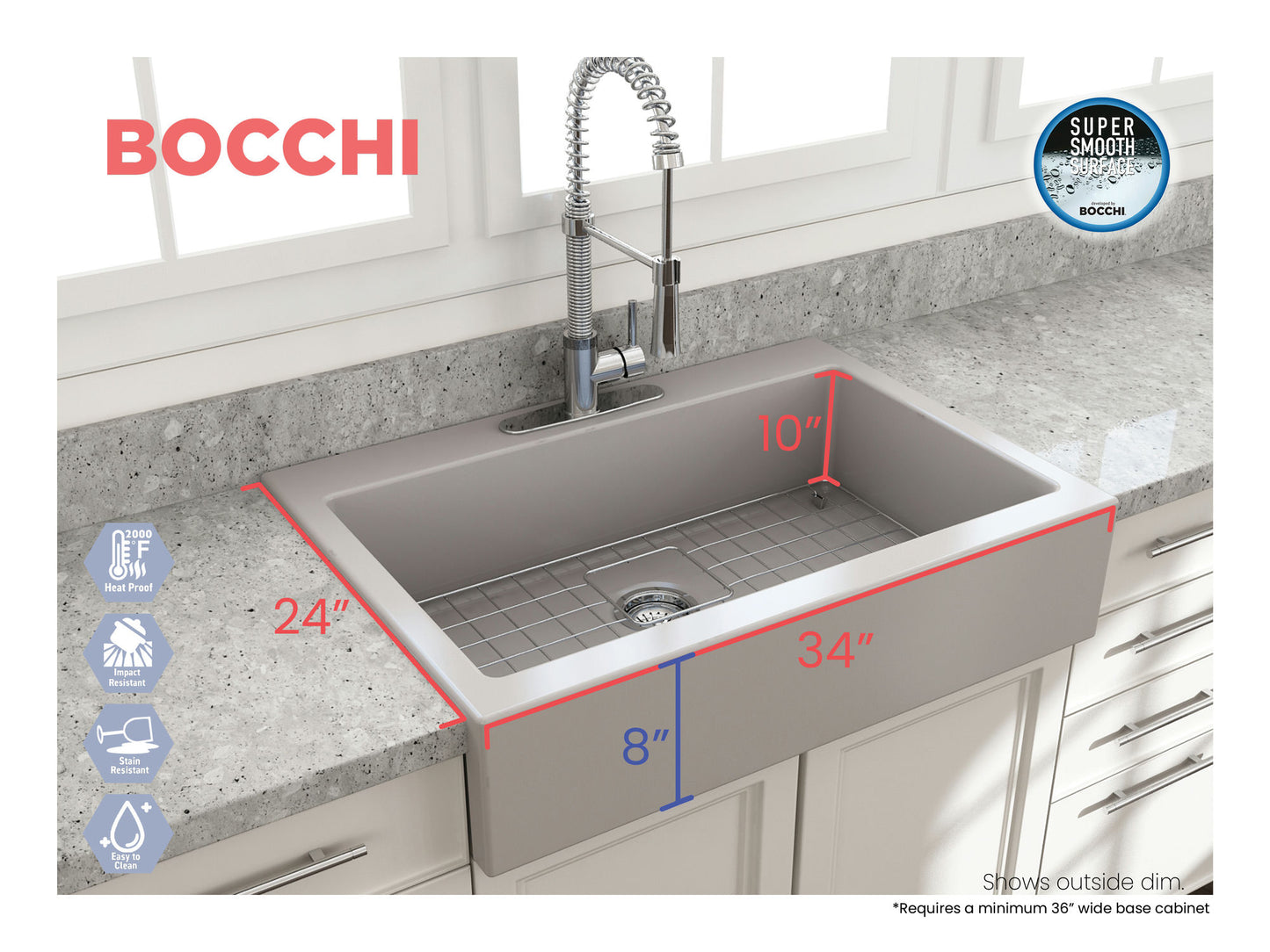 Nuova Apron Front Drop-In Fireclay 34" Single Bowl Kitchen Sink in Matte Gray