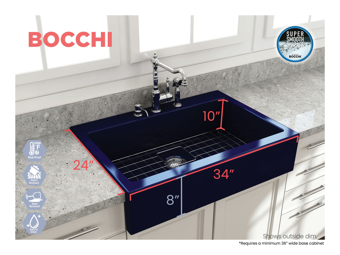 Nuova Apron Front Drop-In Fireclay 34" Single Bowl Kitchen Sink in Sapphire Blue