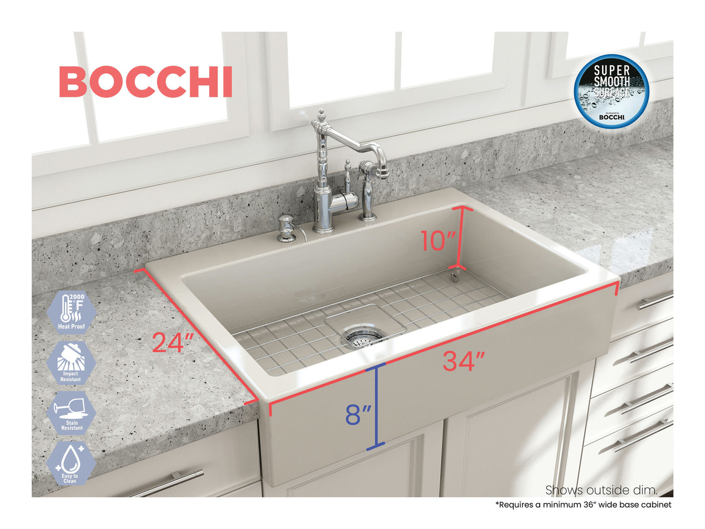 Nuova Apron Front Drop-In Fireclay 34" Single Bowl Kitchen Sink in Biscuit