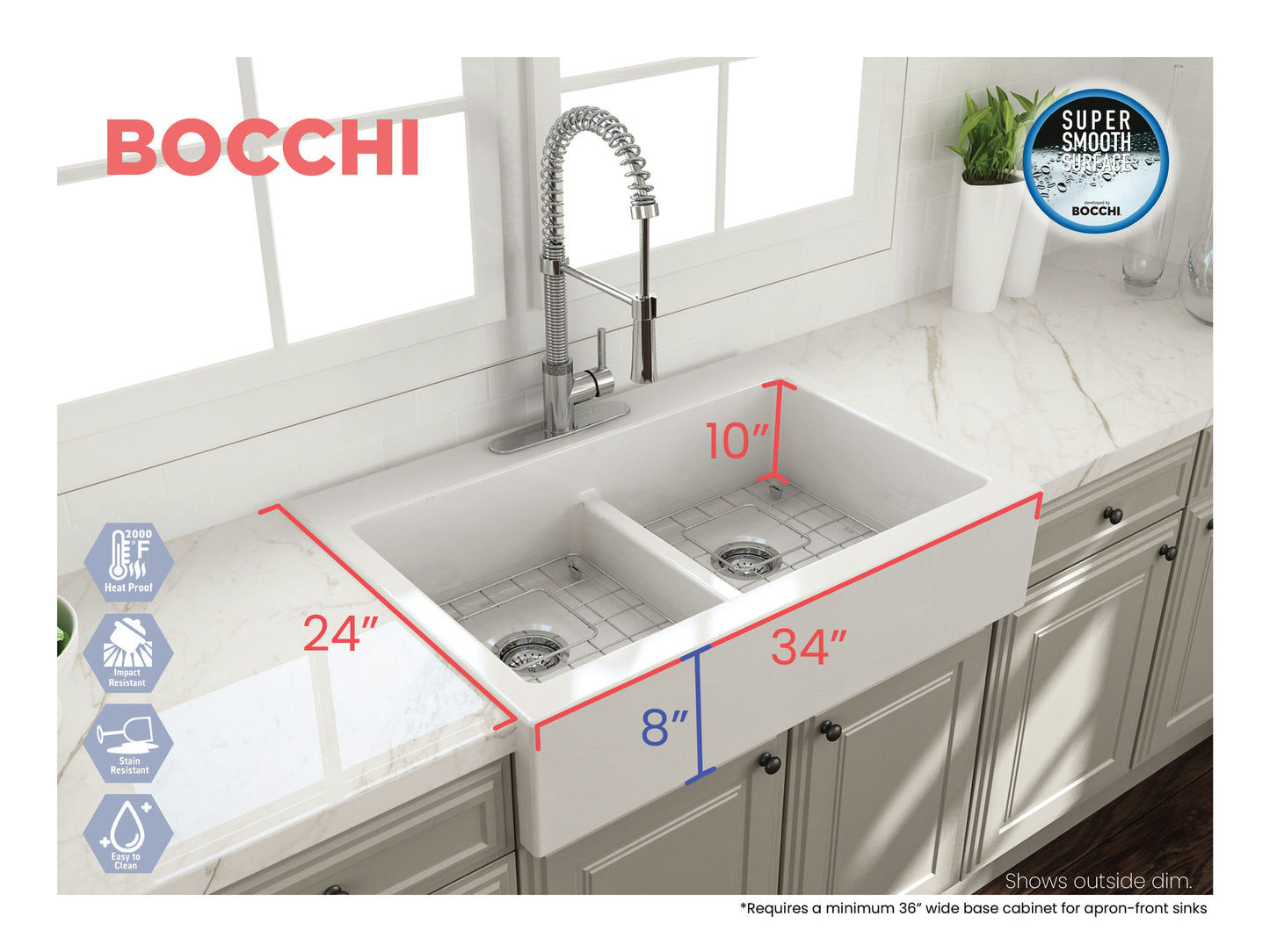 Nuova Apron Front Drop-In Fireclay 34" 50/50 Double Bowl Kitchen Sink in White
