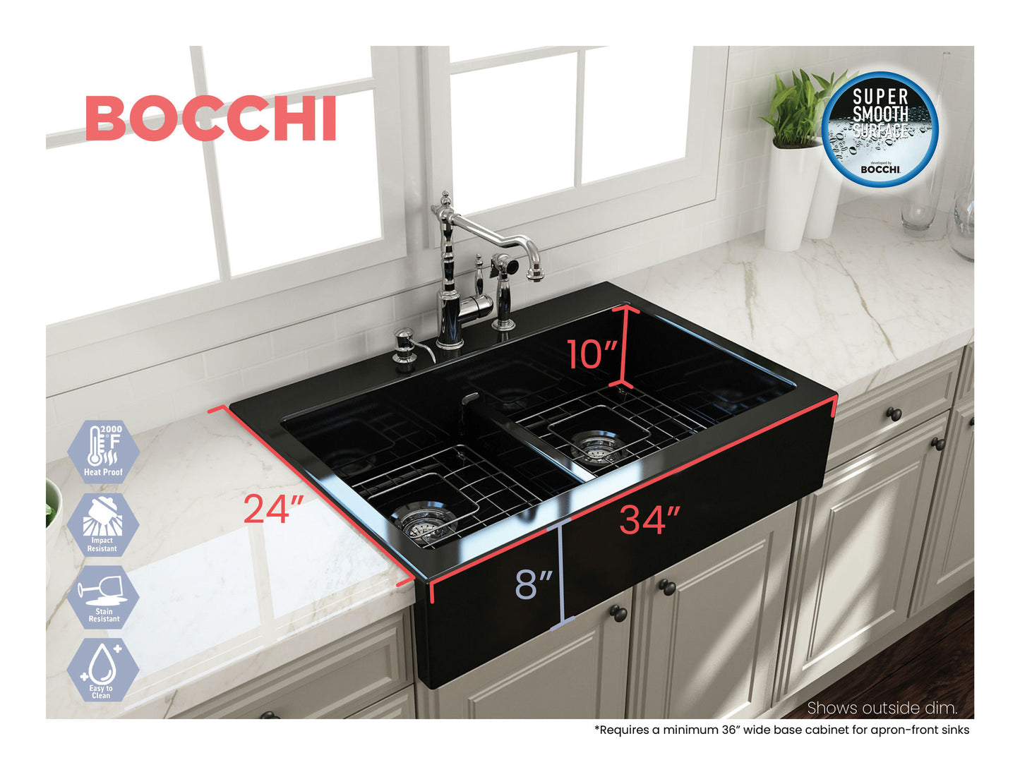 Nuova Apron Front Drop-In Fireclay 34" 50/50 Double Bowl Kitchen Sink in Black