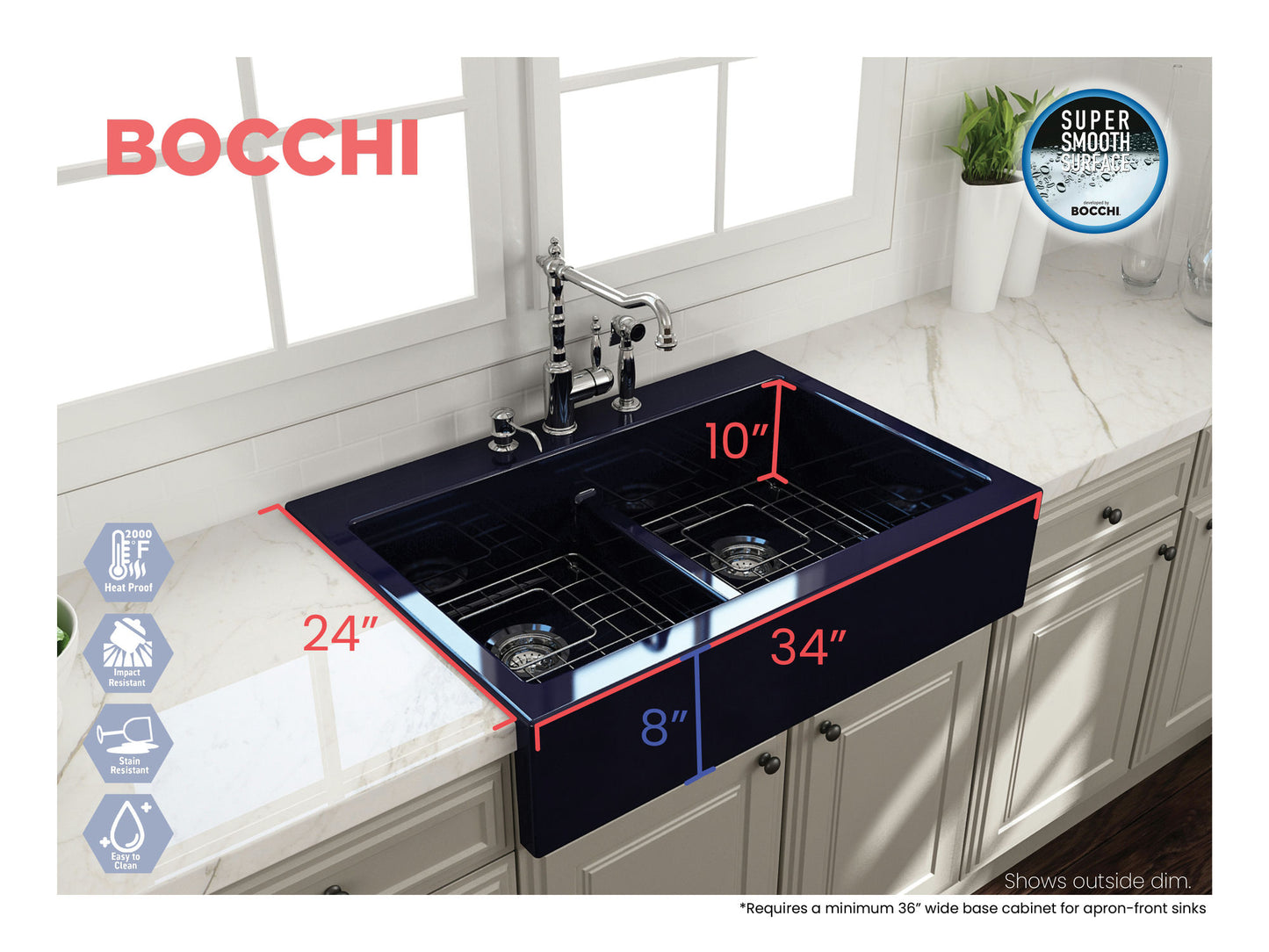 Nuova Apron Front Drop-In Fireclay 34" 50/50 Double Bowl Kitchen Sink in Blue