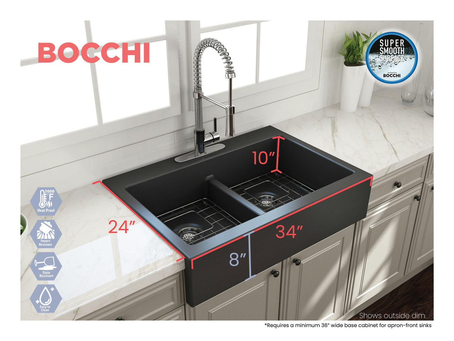 Nuova Apron Front Drop-In Fireclay 34" 50/50 Double Bowl Kitchen Sink Dark Gray