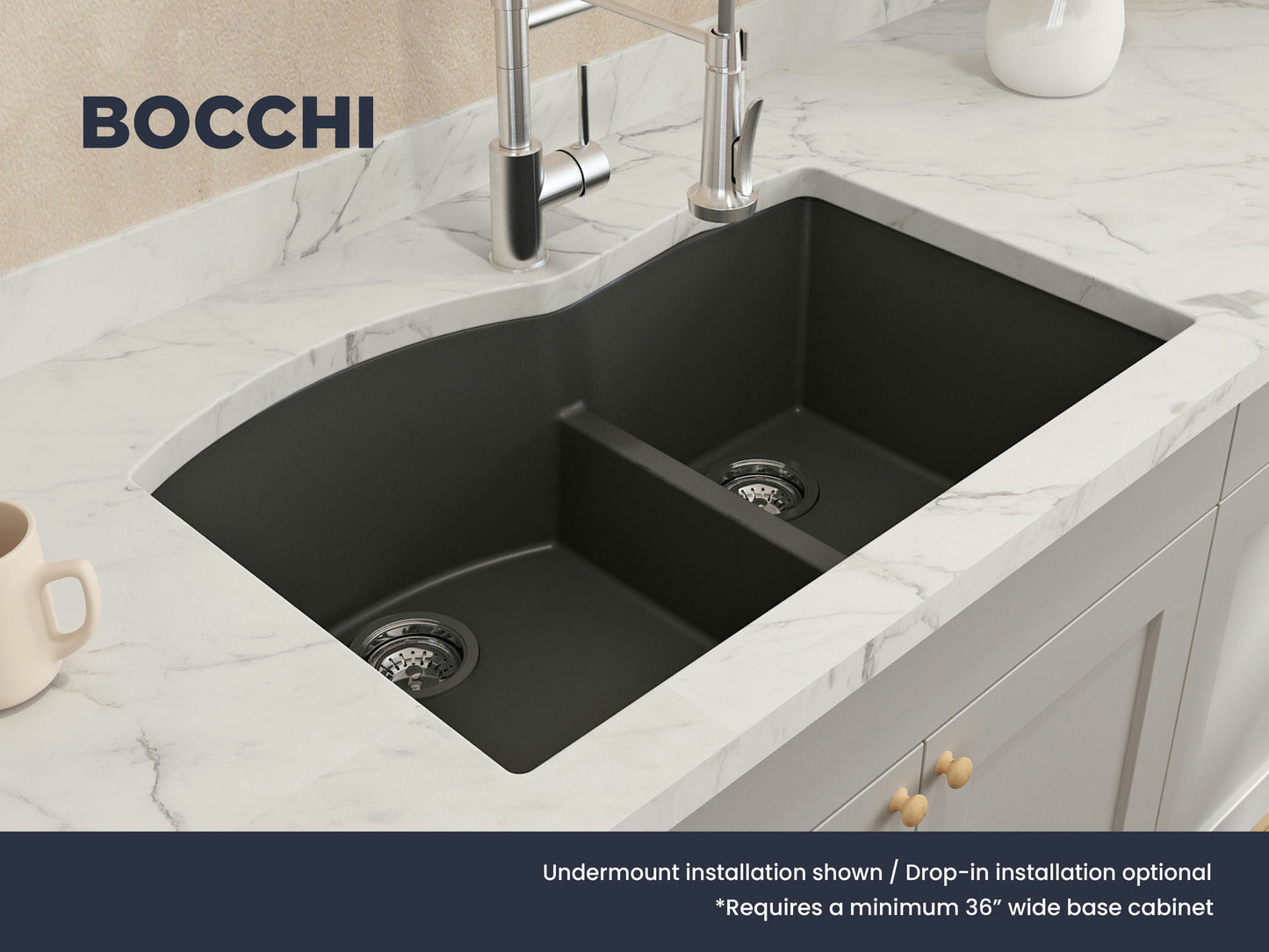 Campino Duo Dual Mount Granite 33" 60/40 Double Bowl Kitchen Sink in Matte Black