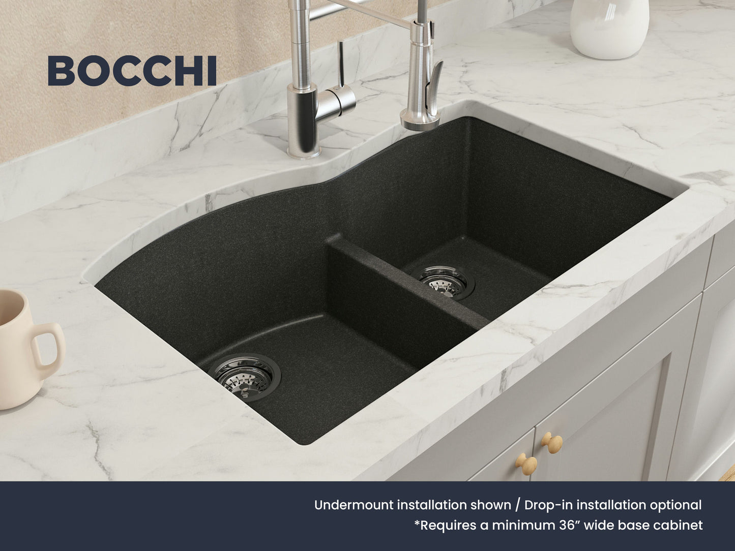 Campino Duo Dual Mount Granite 33" 60/40 Double Bowl Kitchen Sink Metallic Black