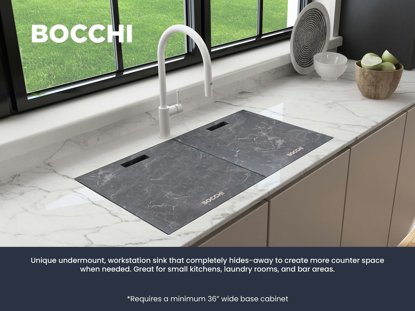 Baveno Lux Dual-Mount 34" Single Bowl Granite Kitchen Sink Metallic Black Covers