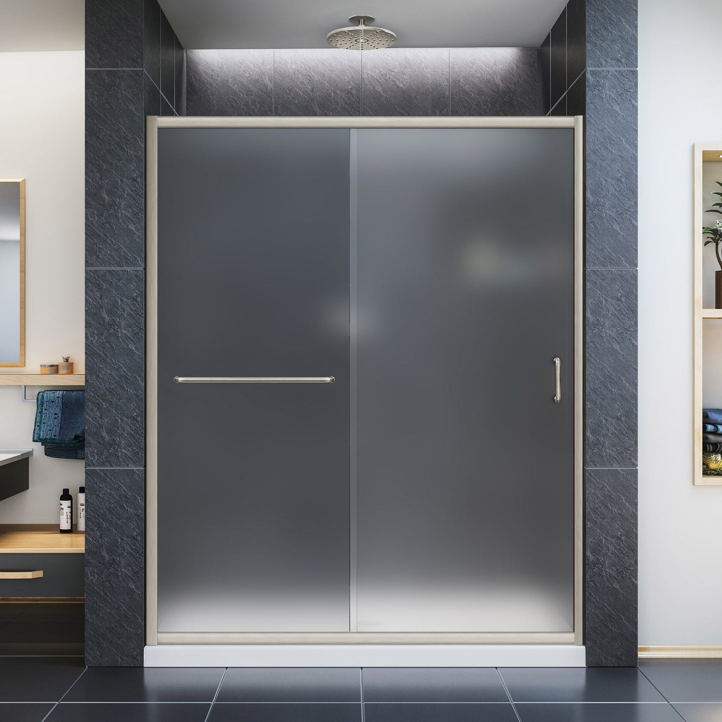 Infinity-Z 56-60 in. W x 72 in. H Semi-Frameless Sliding Shower Door, Frosted Glass in Brushed Nickel