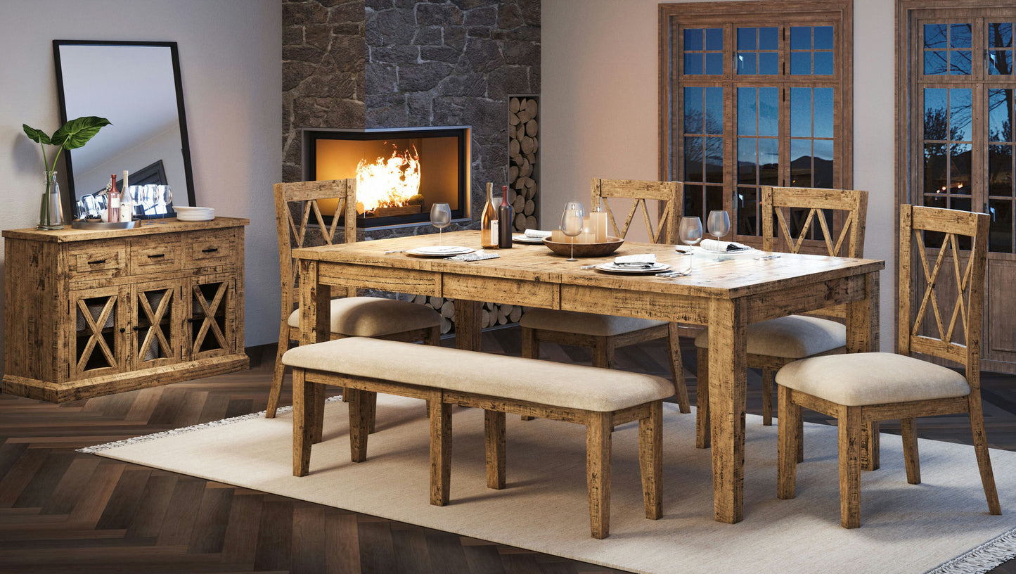 Telluride Rustic Distressed Pine 78" Six-Piece Dining Set with Bench