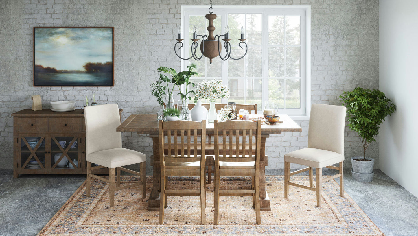 Carlyle Crossing Pine 78" Six-Piece Dining Set with Bench and Upholstered Chairs