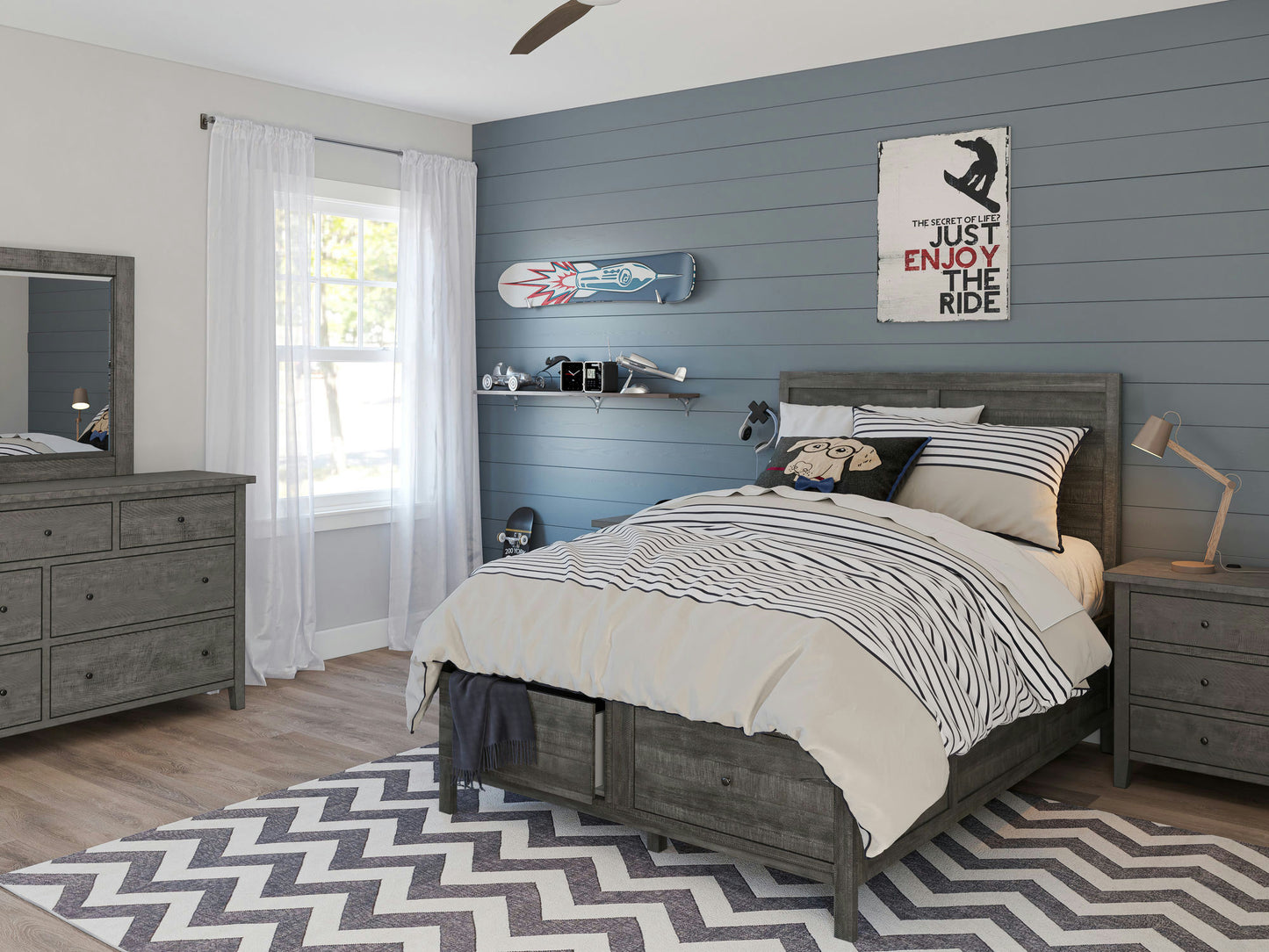 Maxton Coastal Distressed Acacia Full Size Bed with Storage Drawers - Stone