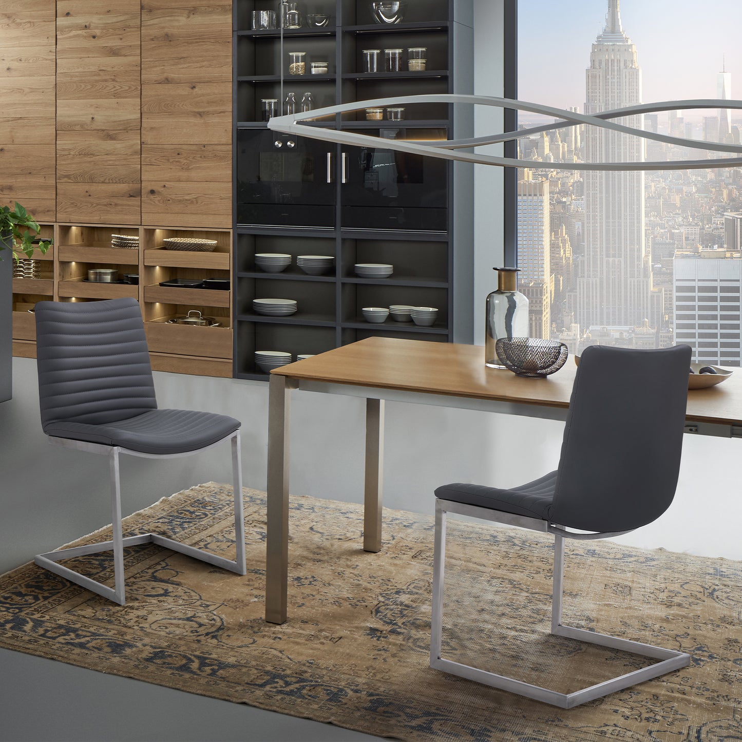 Dining Chair in Brushed Stainless Steel Finish and Gray Faux Leather - Set of 2