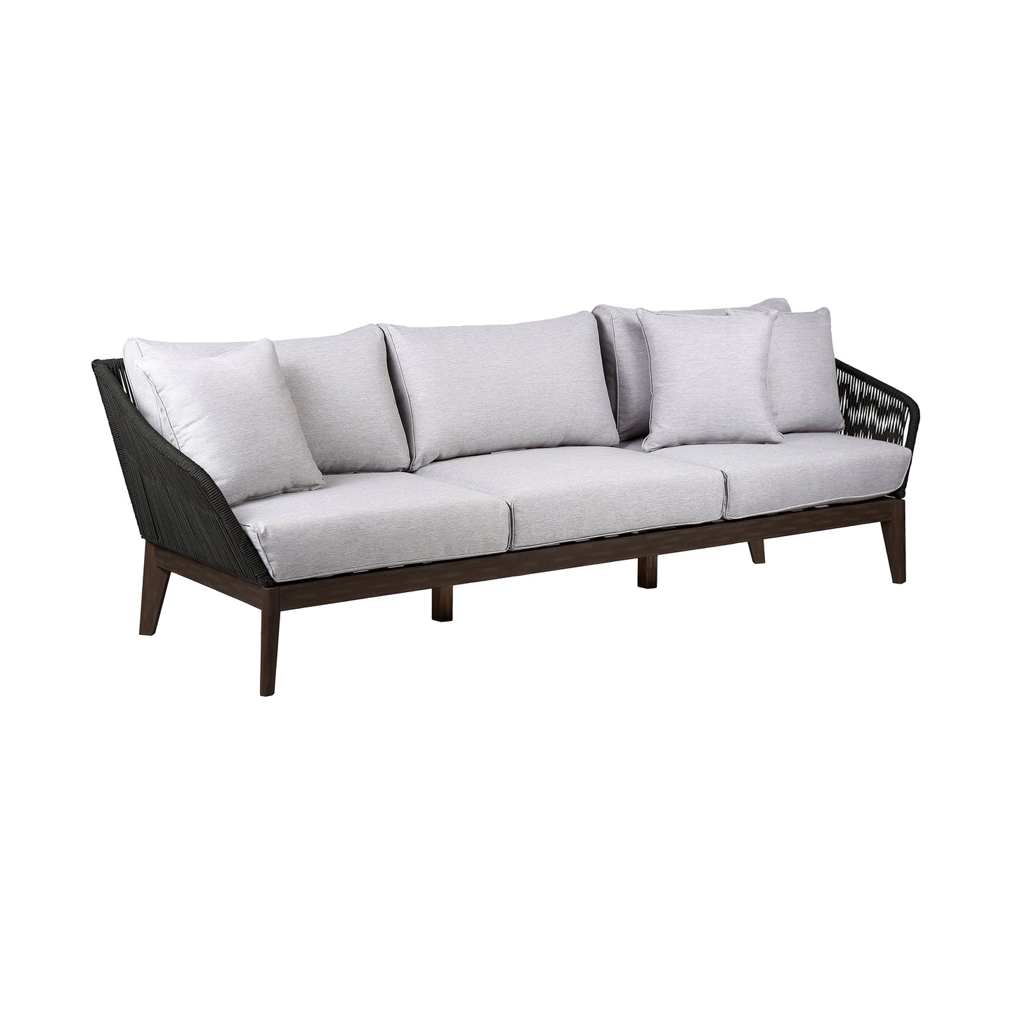 Athos Indoor 3 Seater Sofa in Dark Eucalyptus Wood with Latte and Grey Cushions