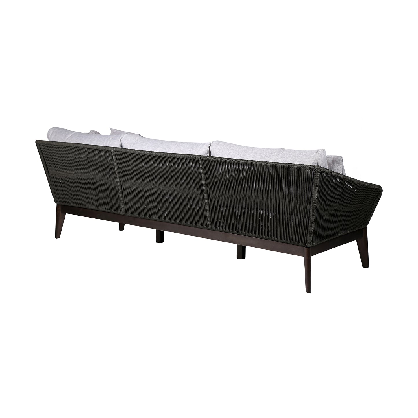 Athos Indoor 3 Seater Sofa in Dark Eucalyptus Wood with Latte and Grey Cushions