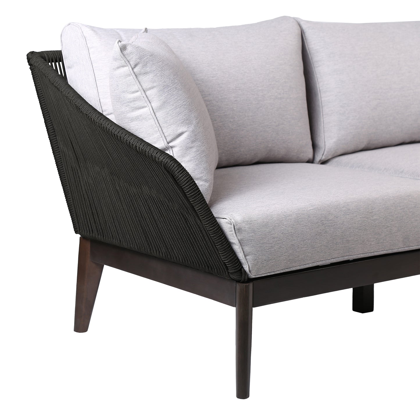 Athos Indoor 3 Seater Sofa in Dark Eucalyptus Wood with Latte and Grey Cushions