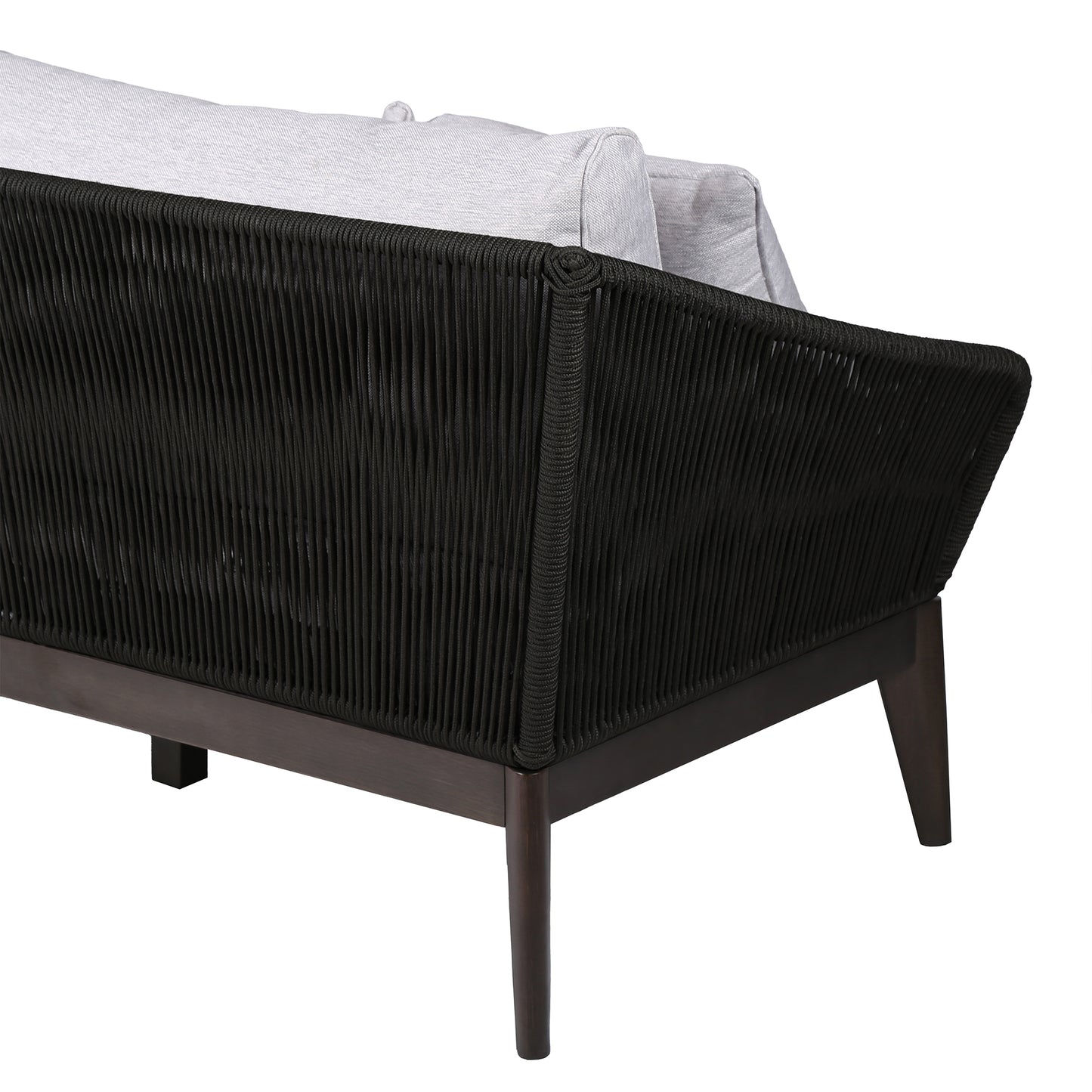 Athos Indoor 3 Seater Sofa in Dark Eucalyptus Wood with Latte and Grey Cushions