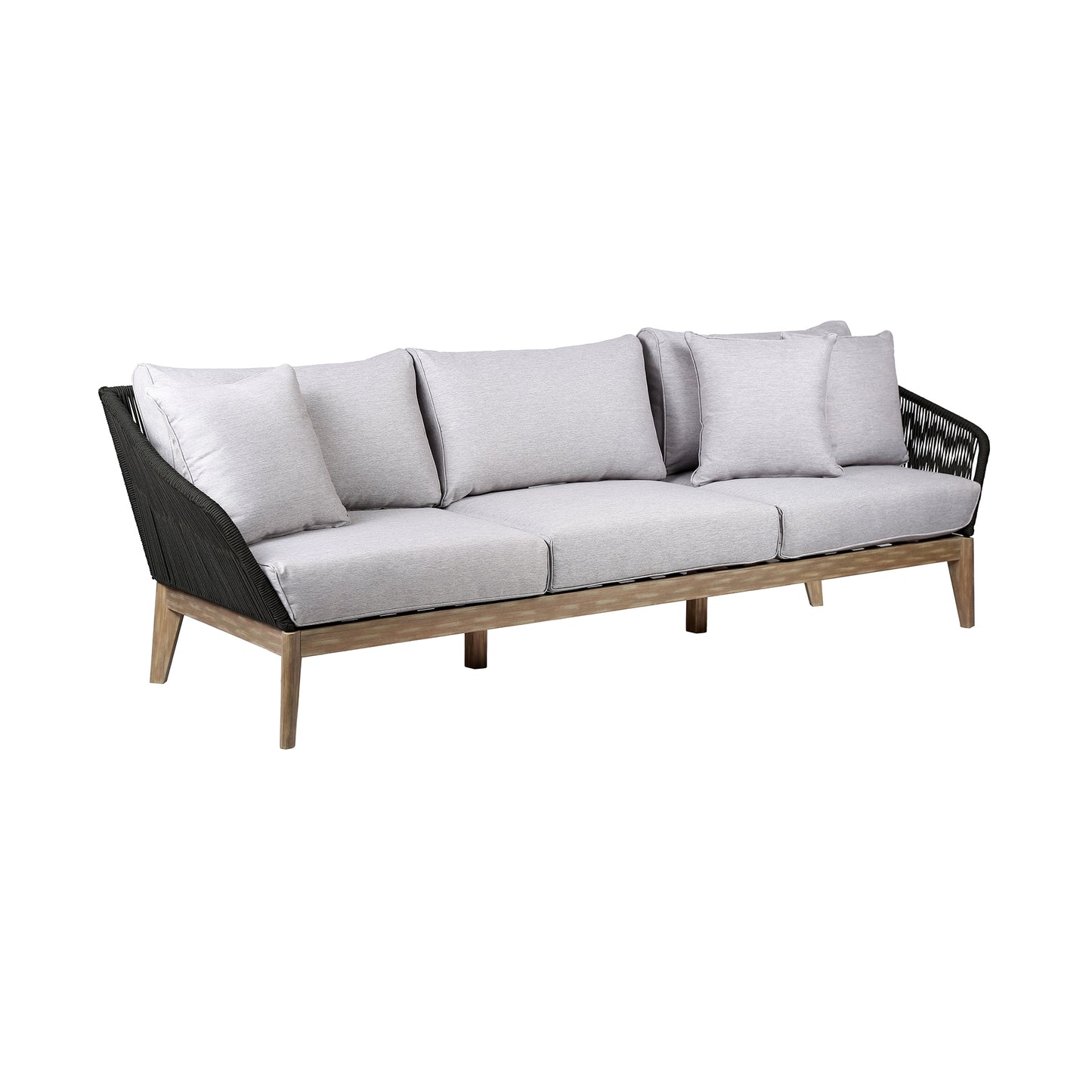 Athos Indoor 3 Seater Sofa in Light Eucalyptus Wood with Latte and Grey Cushions