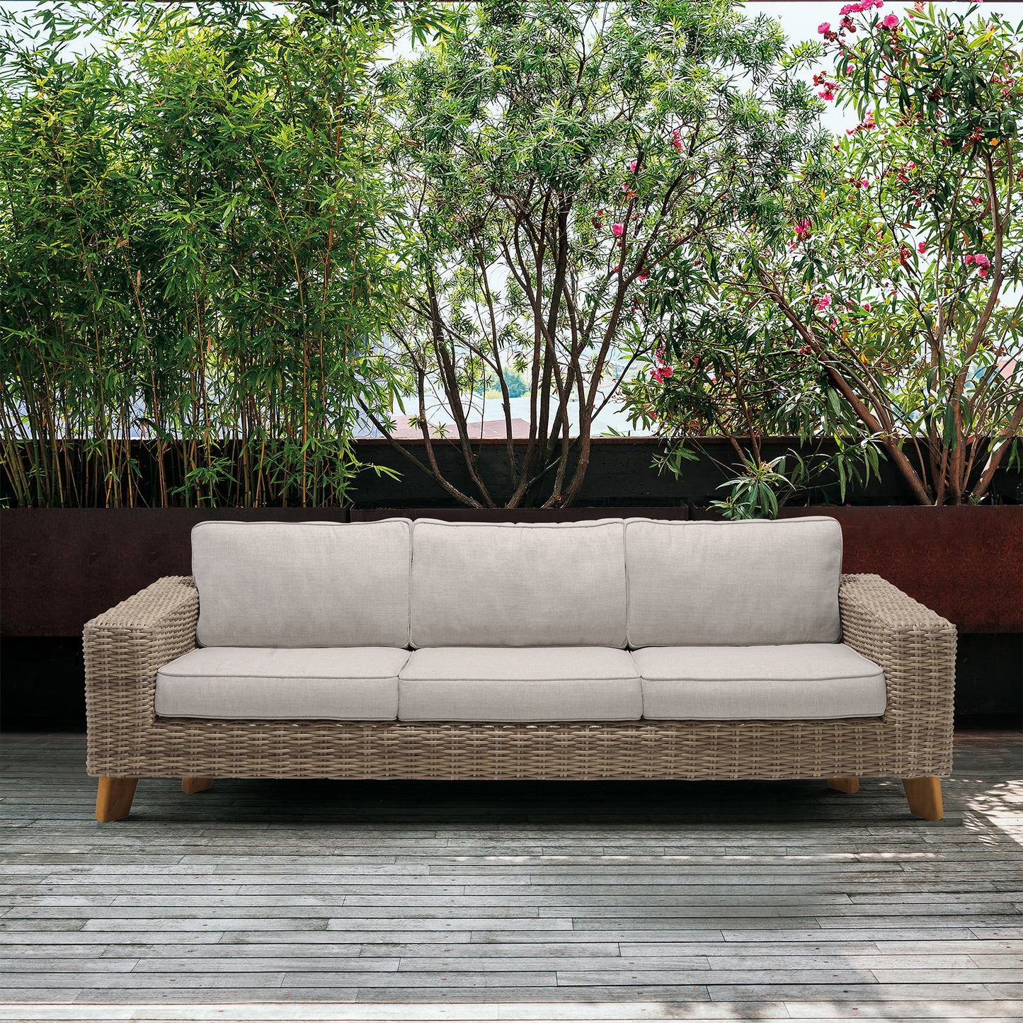 Bahamas Outdoor Wicker & Teak Wood Sofa with Beige Olefin