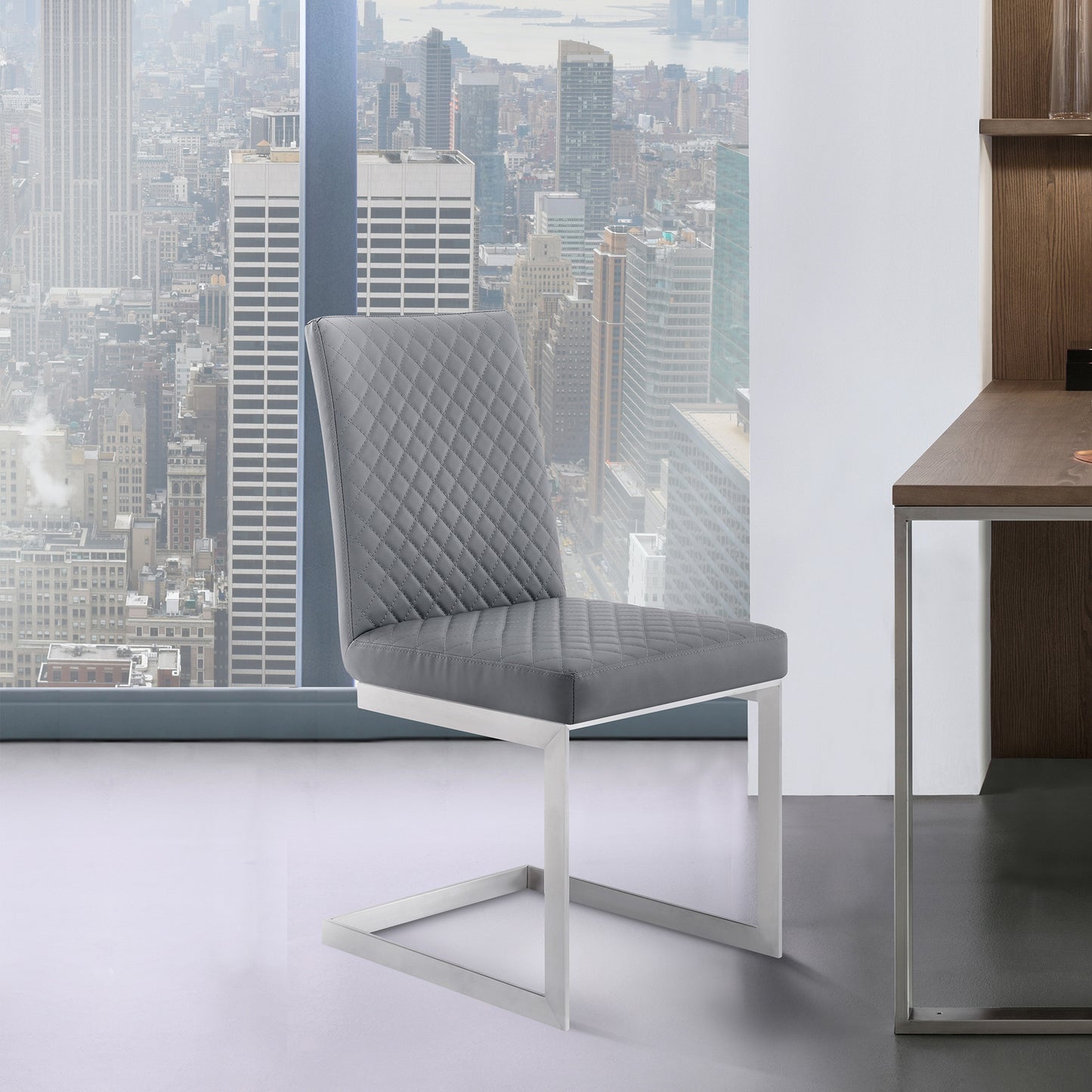 Copen Dining Chair in Brushed Stainless Steel and Gray Faux Leather - Set of 2
