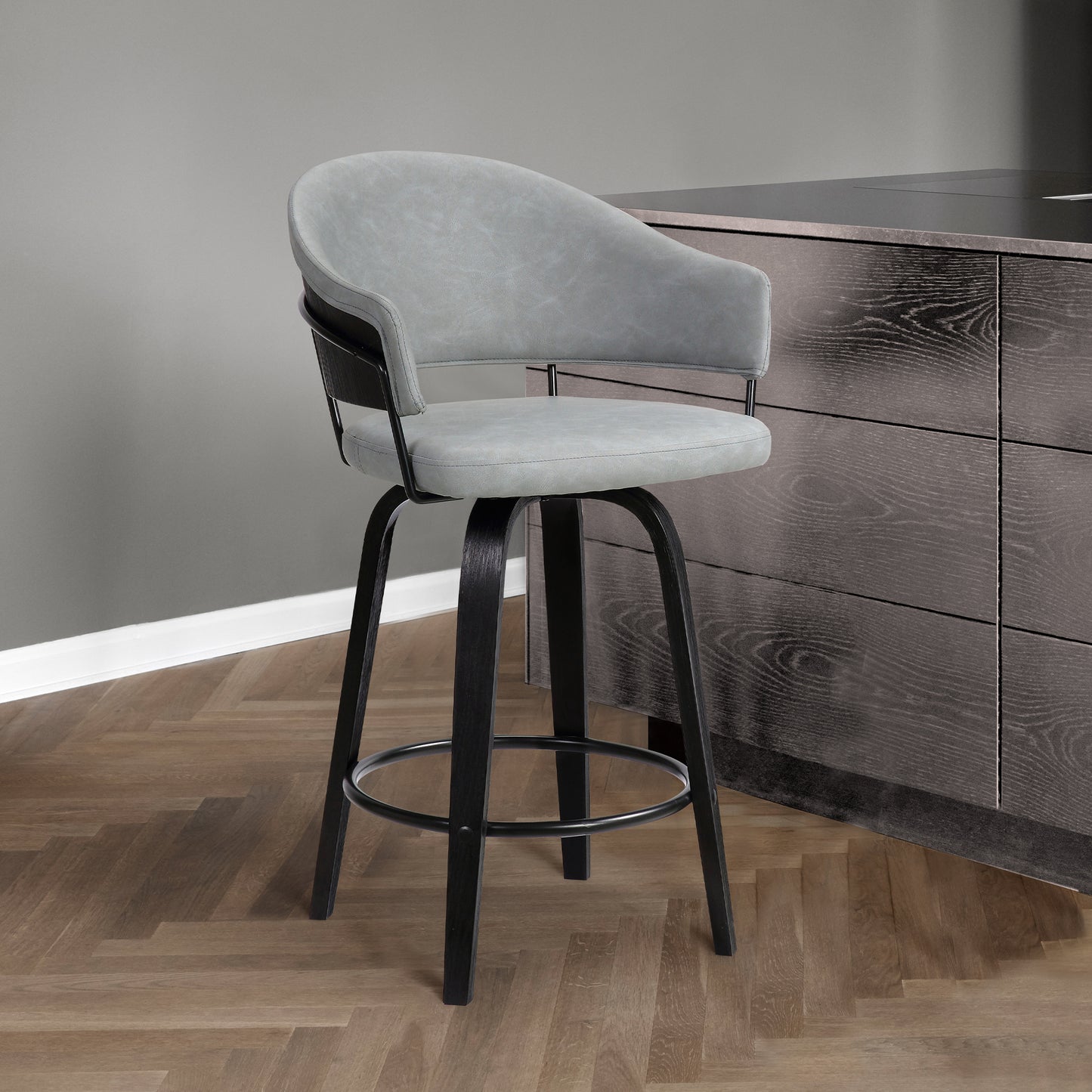 Doral 26" Dark Gray Faux Leather Barstool in Black Powder Coated Finish