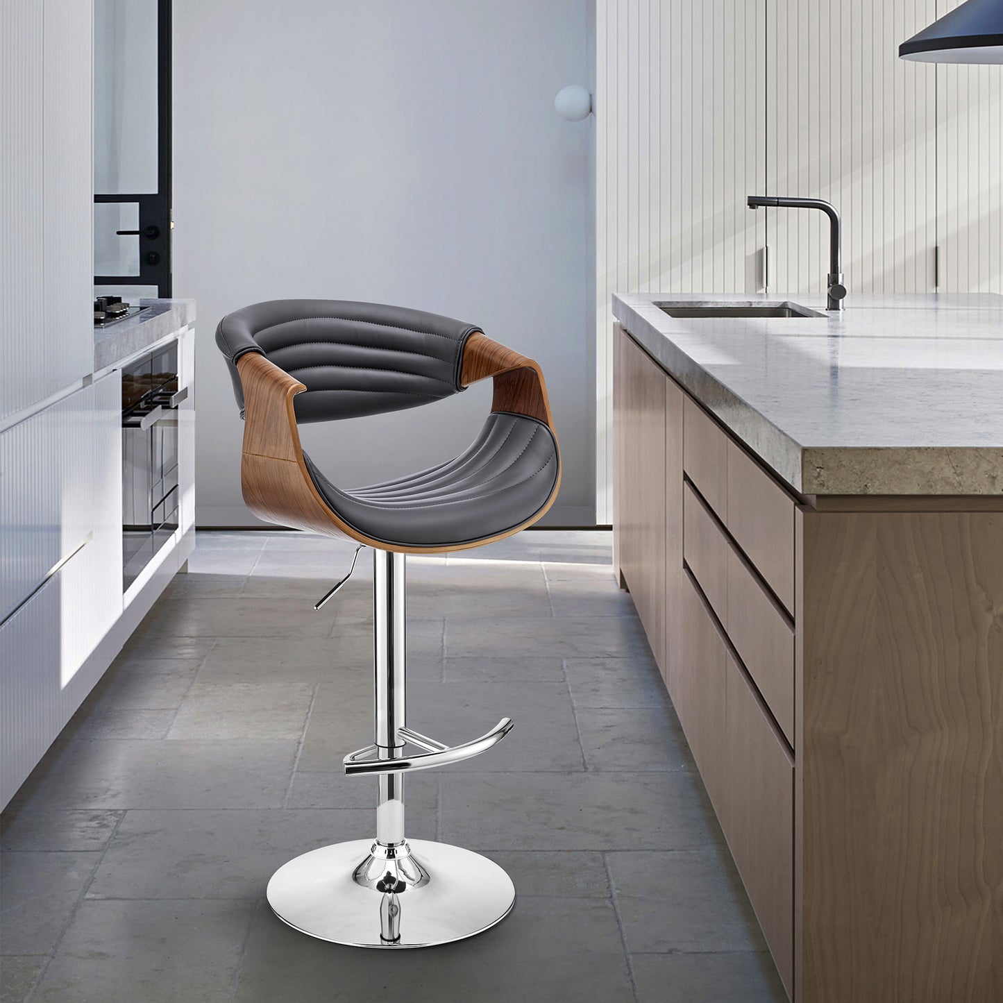 Gionni Adjustable Swivel Grey Faux Leather and Walnut Wood Bar Stool