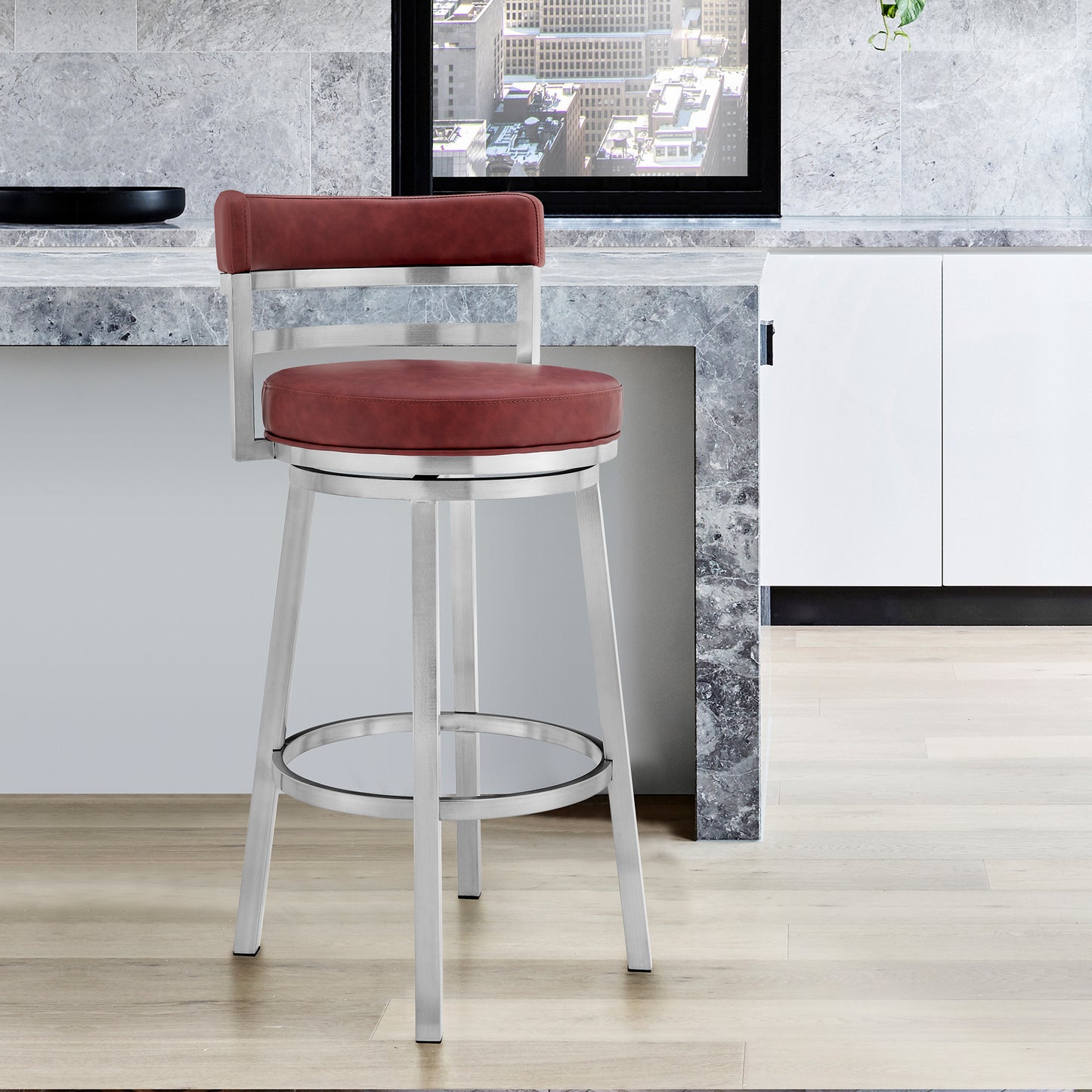 Madrid 30" Bar Height Swivel Red Faux Leather Bar Stool