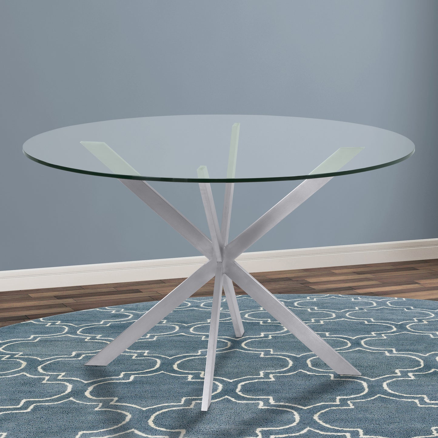Round Dining Table in Brushed Stainless Steel with Clear Tempered Glass Top