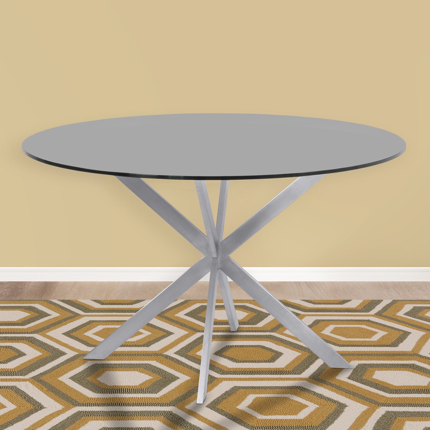 Round Dining Table in Brushed Stainless Steel with Gray Tempered Glass Top