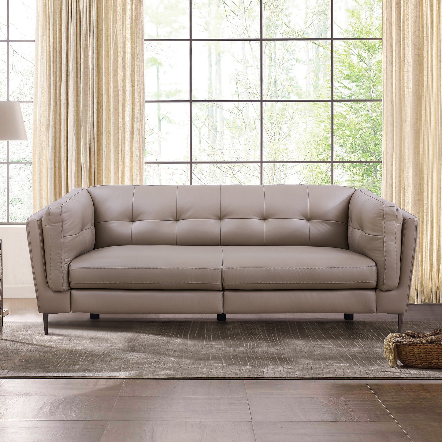 Primrose Contemporary Sofa in Dark Metal Finish and Greige Genuine Leather
