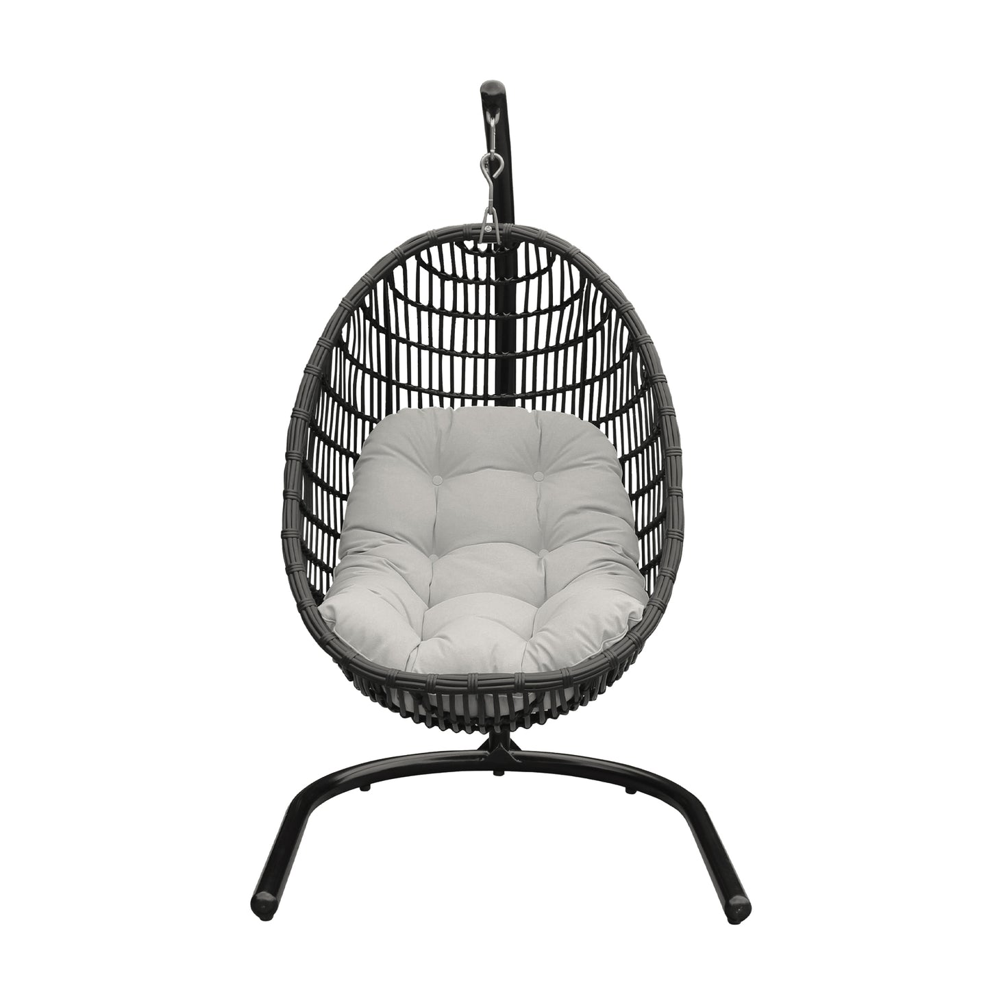 Rio Indoor Outdoor Hanging Egg Swing Chair in Grey Wicker with Black Iron Stand