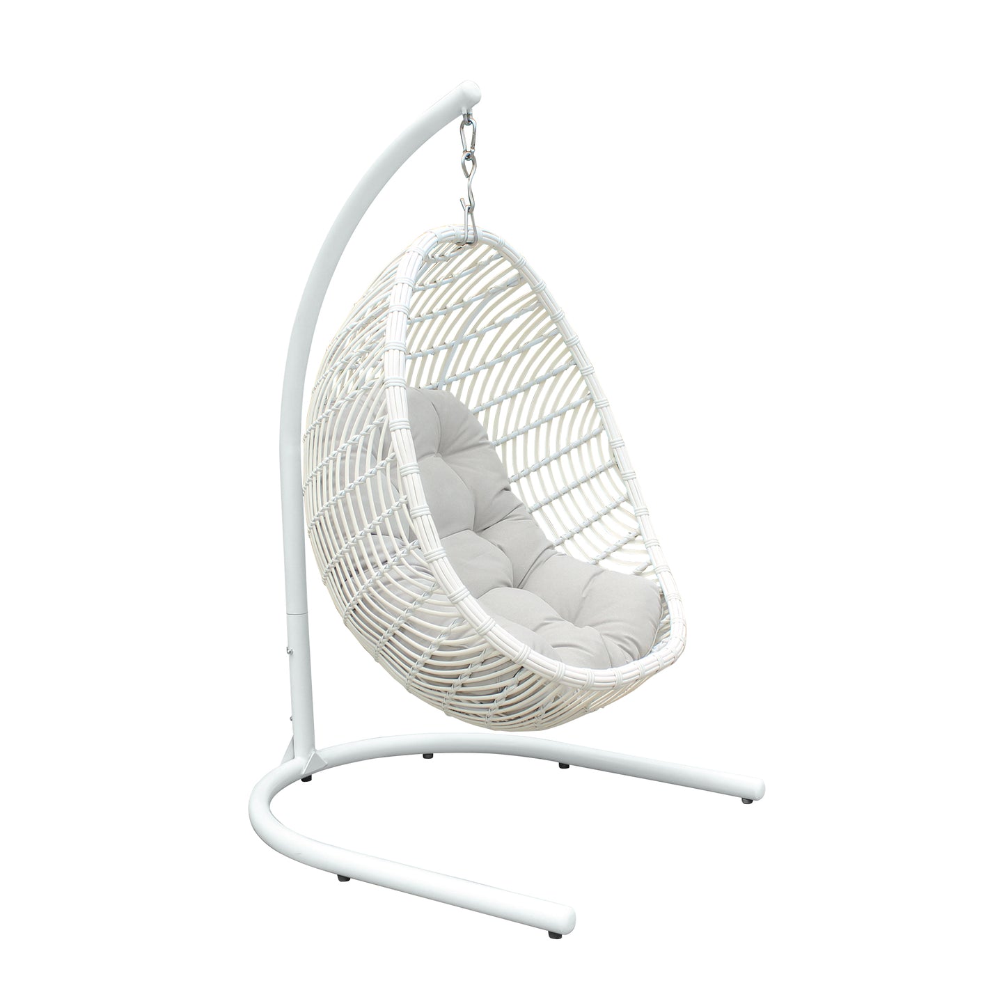 Rio indoor Hanging Egg Swing Chair in White Wicker with White Iron Stand