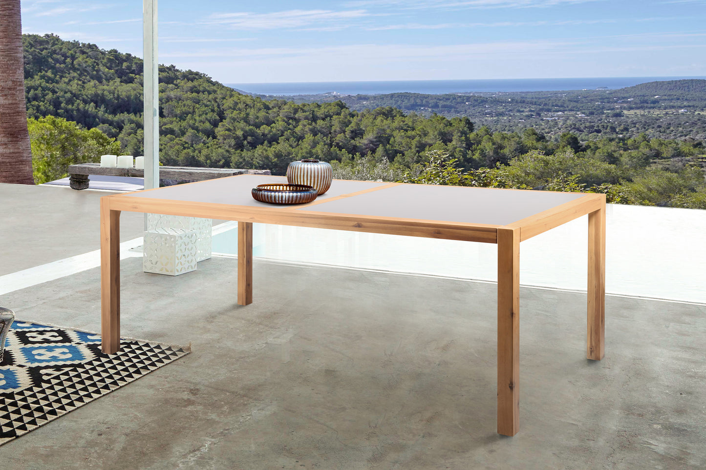 Sienna Eucalyptus Dining Table with Teak Finish and Grey Super Stone Top
