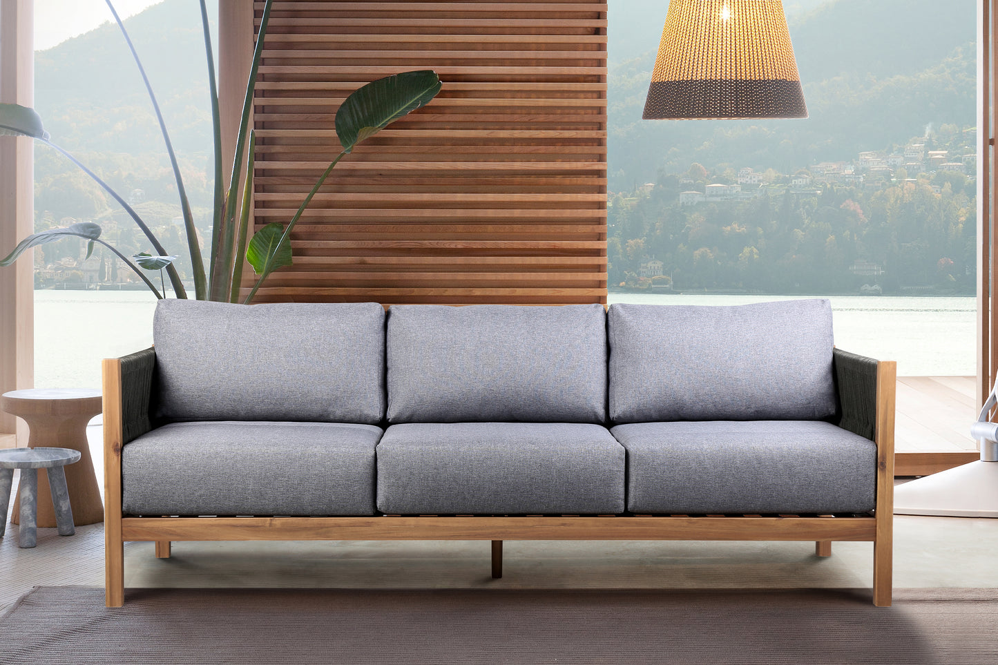 Sienna Outdoor Eucalyptus Sofa in Teak Finish with Grey Cushions