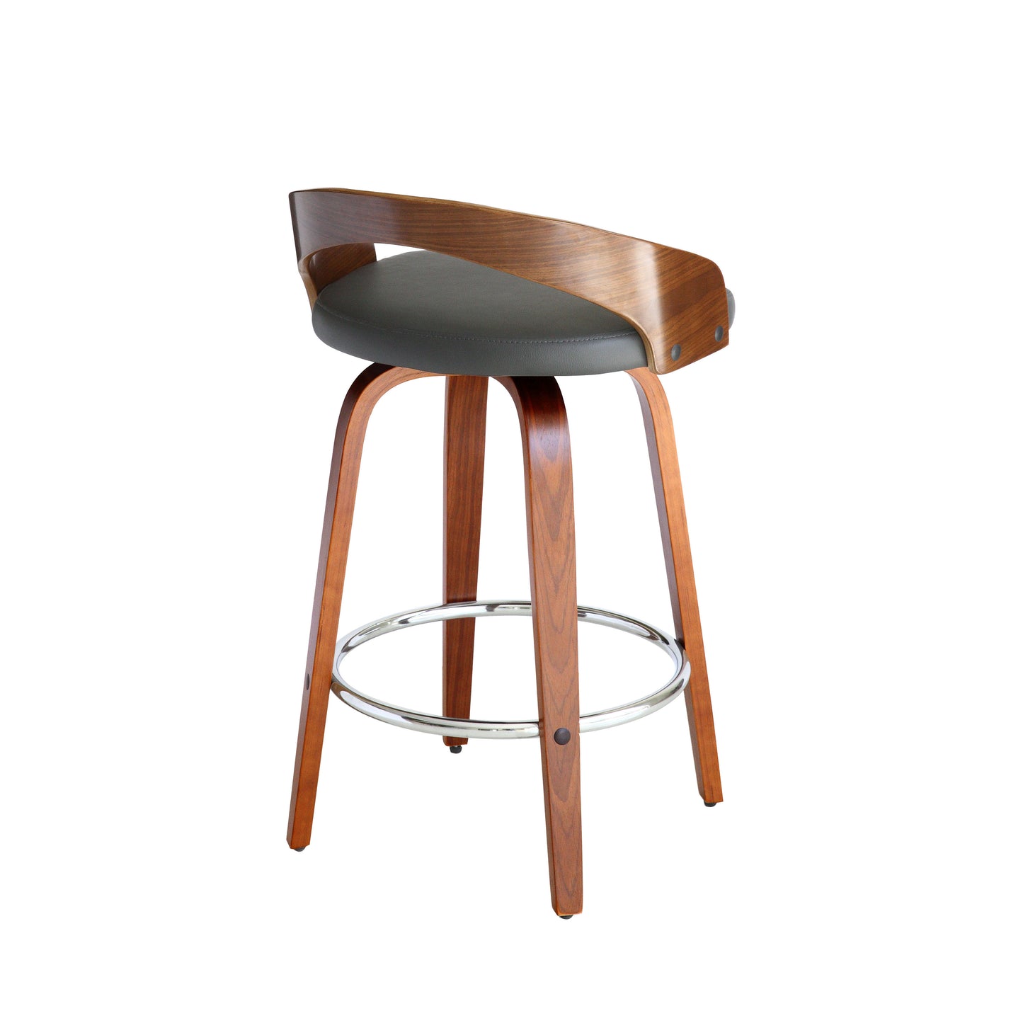 Sonia 26" Counter Height Swivel Grey Faux Leather and Walnut Wood Bar Stool