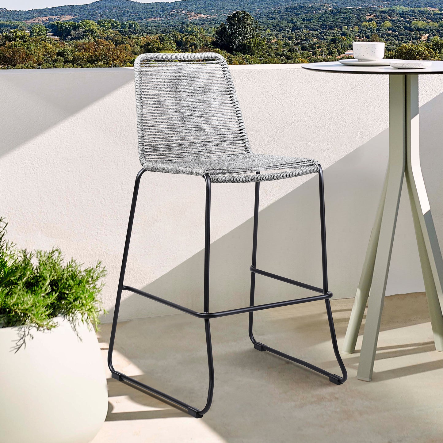 Shasta 30" Outdoor Metal and Grey Rope Stackable Barstool