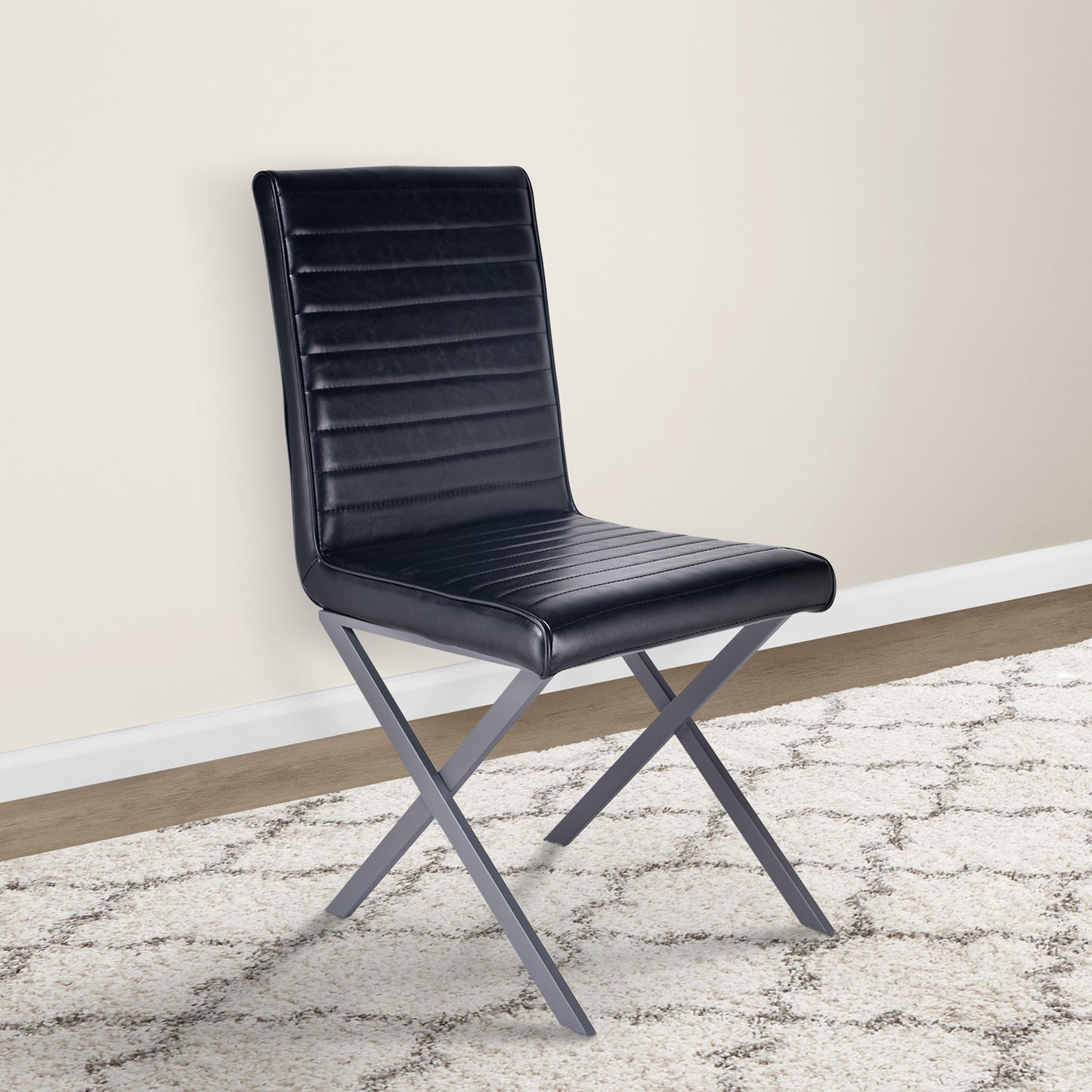 Dining Chair in Gray Powder Coated finish and Black Faux Leather - Set of 2