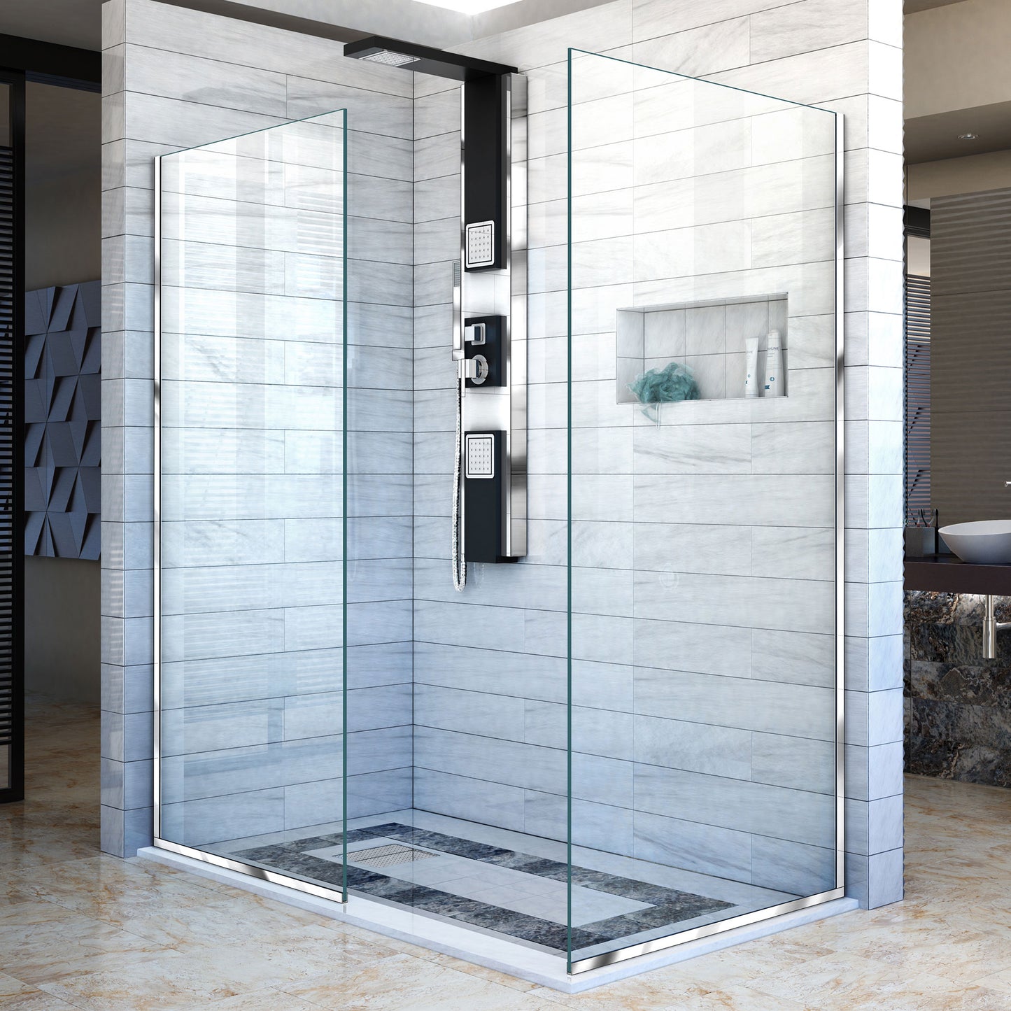 Linea Two Individual Frameless Shower Screens 34 in. W x 72 in. H each, Open Entry Design in Chrome