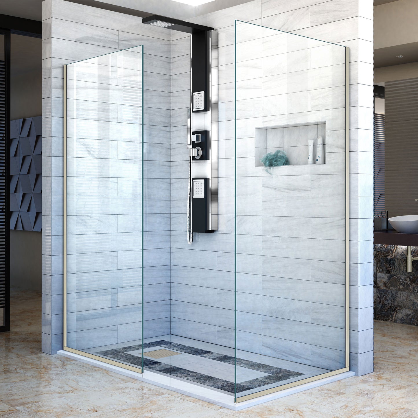Linea Two Individual Frameless Shower Screens 34 in. W x 72 in. H each, Open Entry Design in Brushed Nickel