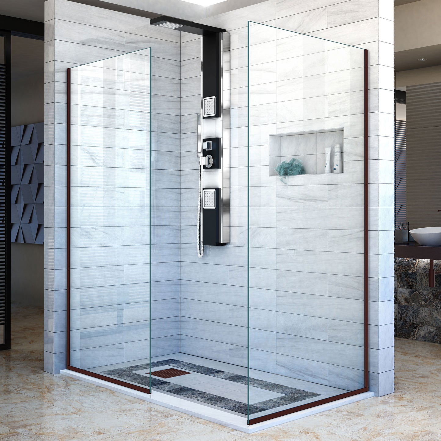 Linea Two Individual Frameless Shower Screens 34 in. and 30 in. W x 72 in. H, Open Entry Design in Oil Rubbed Bronze