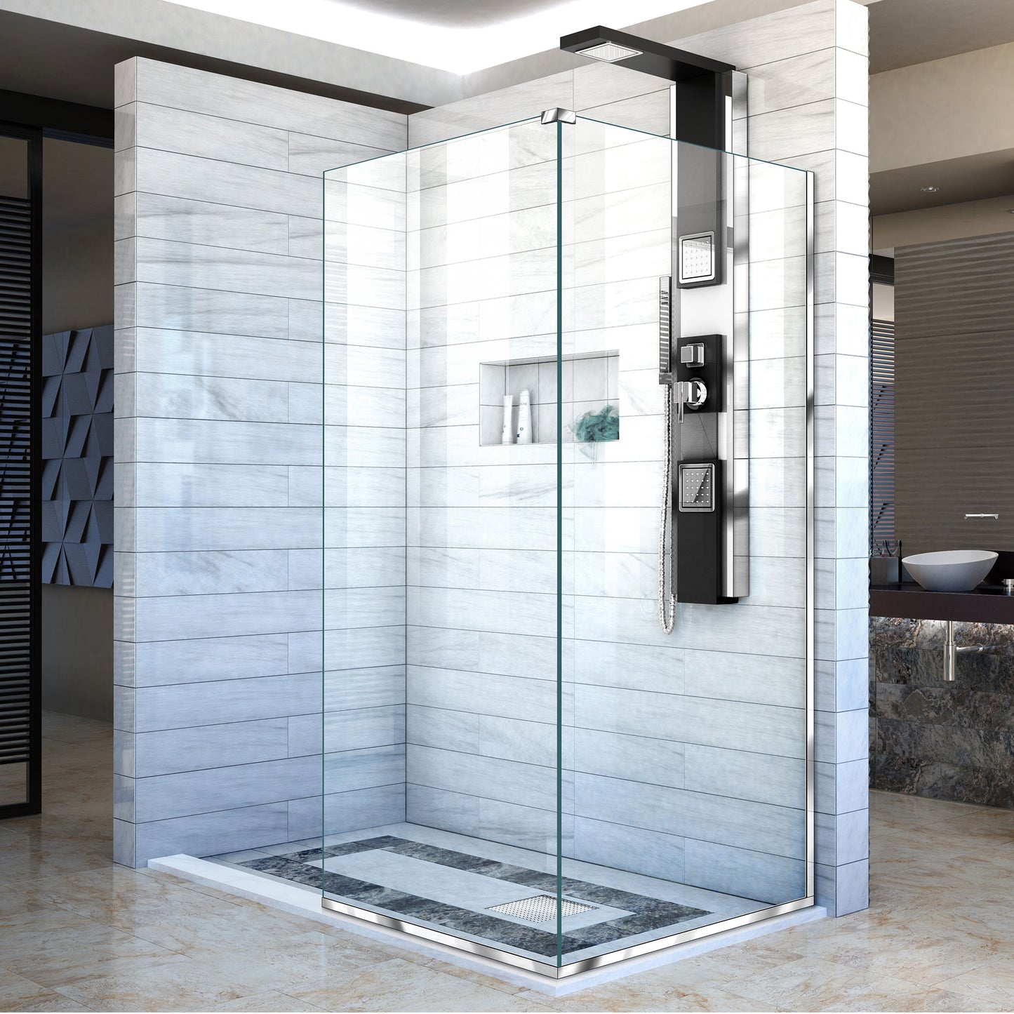 Linea Two Adjacent Frameless Shower Screens 30 in. W x 72 in. H each, Open Entry Design in Chrome