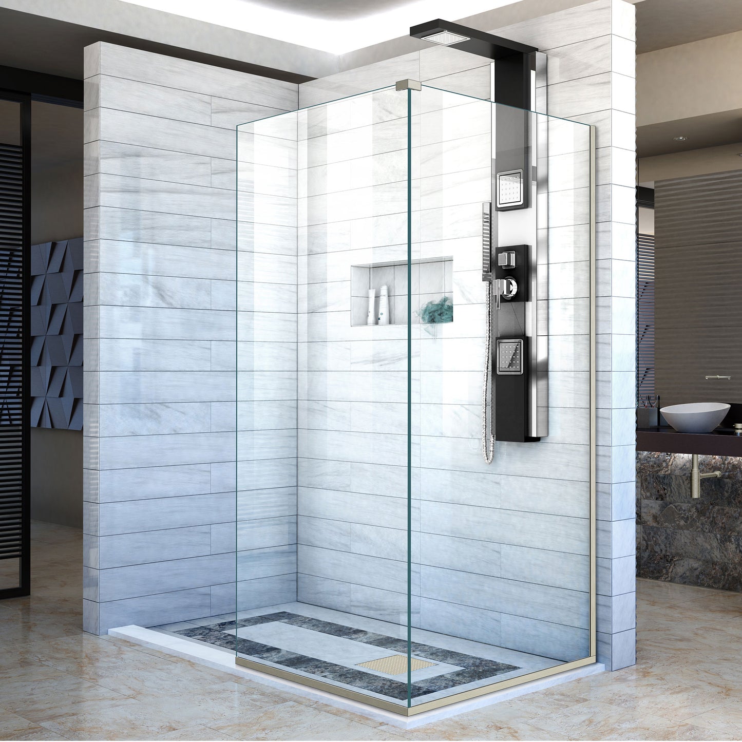 Linea Two Adjacent Frameless Shower Screens 34 in. and 30 in. W x 72 in. H, Open Entry Design in Brushed Nickel